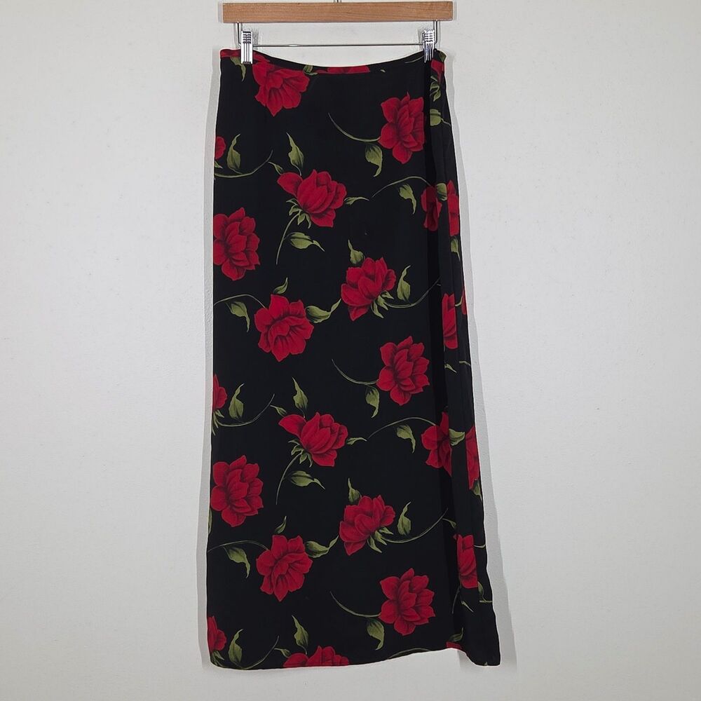 Vtg 90s Y2K Dark Floral Rose Maxi Skirt Back Slit 14 Fairy Grunge Whismigoth
